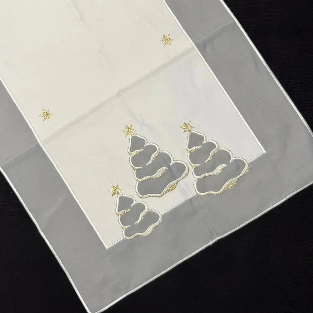 German Embroidered Table Runner Mat 14x22 Christmas Trees Metallic Gold Thread